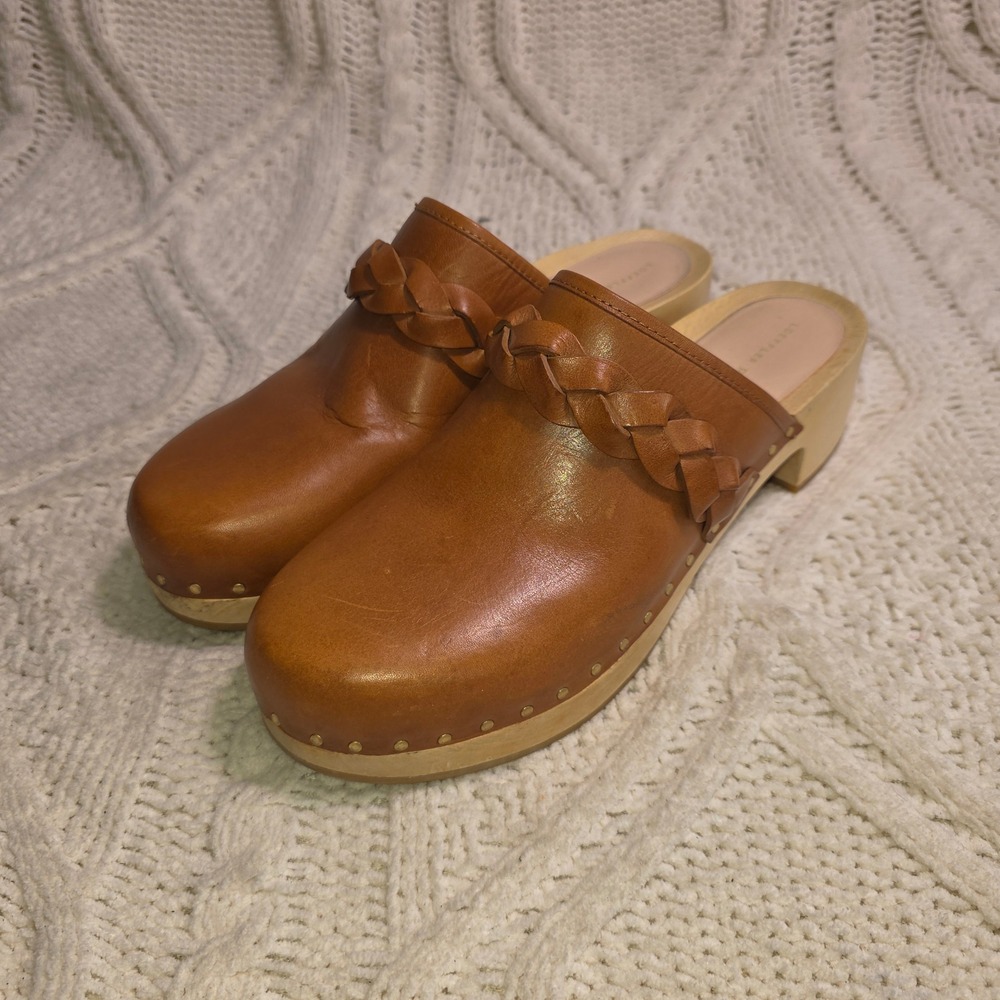 Loeffler Randall Polina Braided Clog Mules Brown Leather Wood Heel Womens 8M